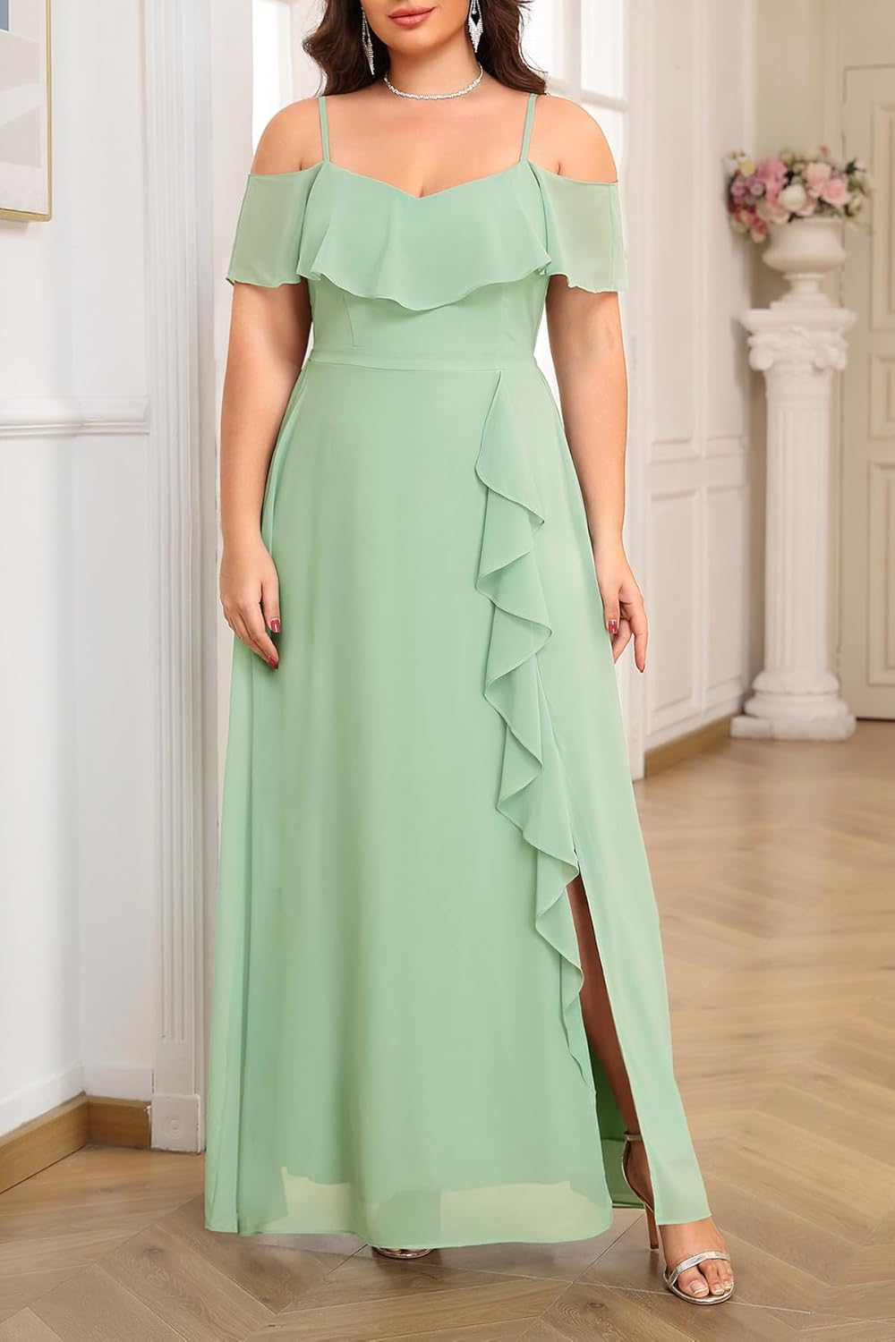 Plus Size Formal Dresses - Off Shoulder Chiffon High Slit Ruffle Wedding Guest Bridesmaid Prom Evening Dress - Image 4
