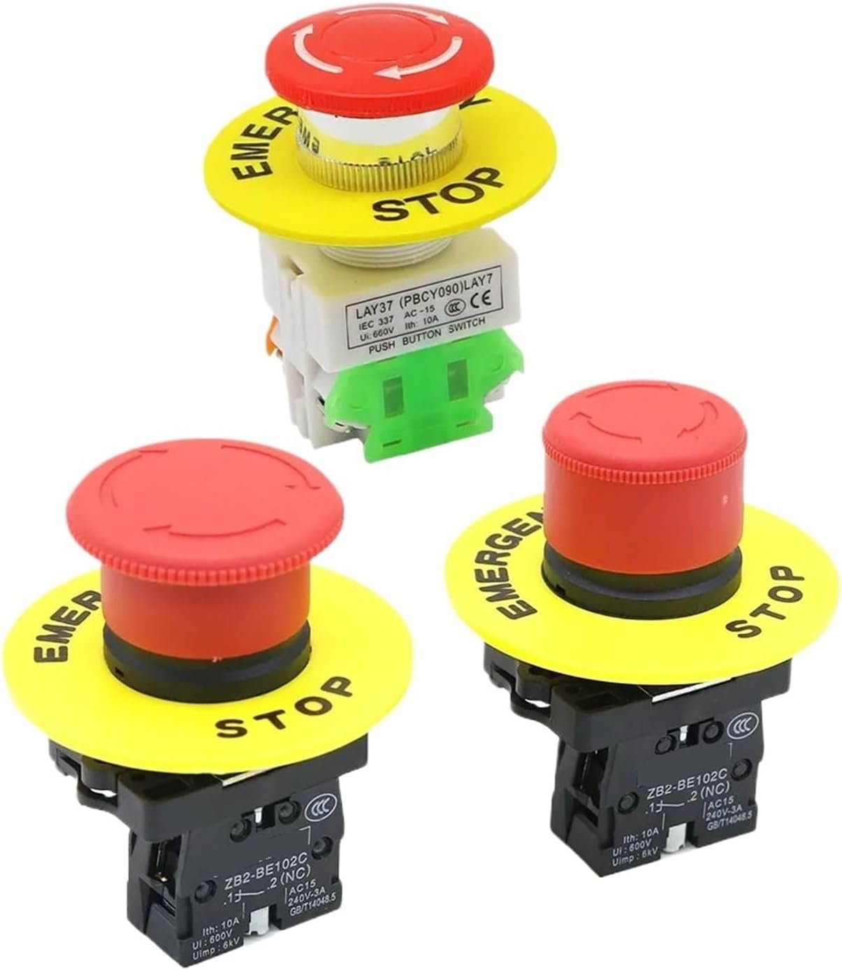 22mm Red Mushroom Cap 1NO 1NC DPST AC 660V10A Emergency Stop Industrial Plastic Push Button Switch(ZB2-ES542)