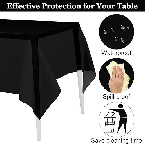 Miniatura 2 de PLULON Mantel de plástico negro para mesa rectangular de 53.9 x 107.9 in, color negro, para cumpleaños, fiesta de Halloween, hogar, cocina, comedor,
