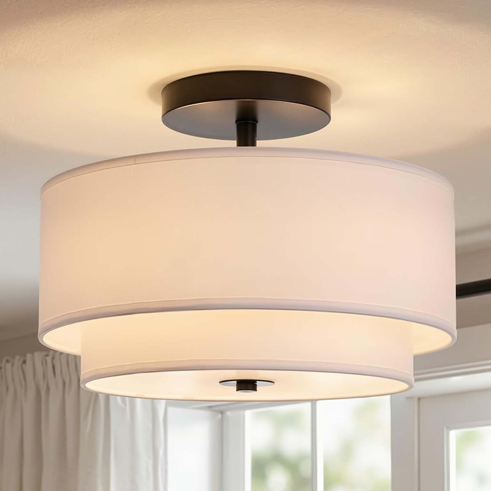 Semi Flush Mount Ceiling Light Fixture - Black Ceiling Light with Double Drum Linen Fabric Shade, Chandelier Ceiling Light for Bedroom Living Room Hallway Entryway (1-White Double Layered-12.6 inch)