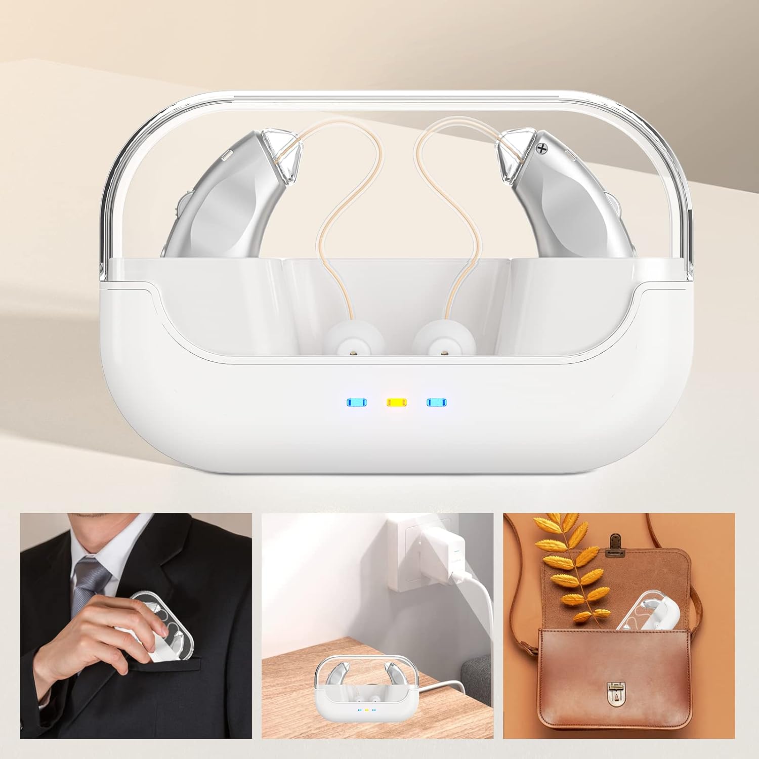 Rechargeable hearing aids for Seniors, behind-the-ear hearing aids, sound amplifiers with noise reduction function, sound controllers for adults with hearing loss, with portable charging box