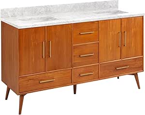 Signature Hardware 953363-60-RUMB-0 Novak 60" Freestanding Teak Double Basin Vanity Set with Cabinet, Vanity Top, and Rectangular Undermount Sinks - No Faucet Holes - Teak/Carrara Marble