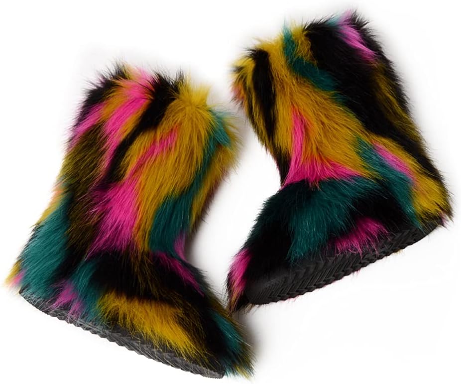 ZOSCGJMY Faux Fur Boots for Women Fuzzy Fluffy Furry Round Toe Suede Winter Snow Boots Flat Shoes