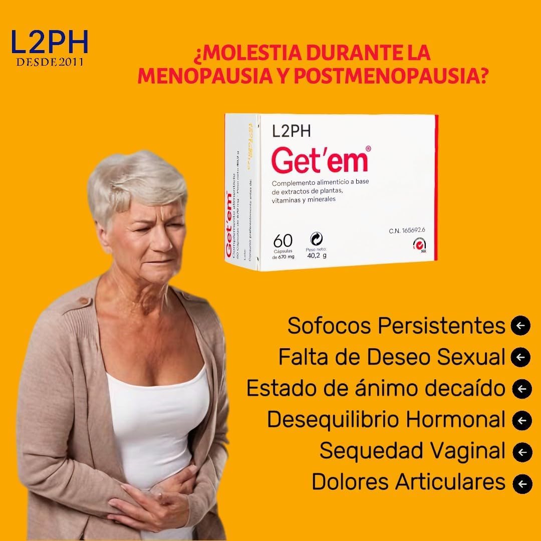 GET'EM – Complemento Alimenticio para los efectos de la Menopausia y Andropenia y Equilibrar el Bienestar Físico y Emocional. (60 Cápsulas). Tribulus terrestris, Rhodiola rosea, Vitaminas, Minerales