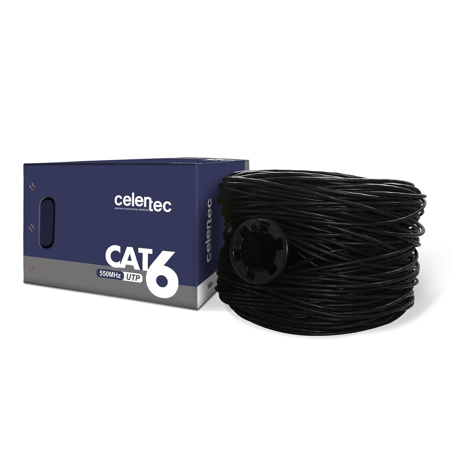 celertec Cat6 Plenum Cable, 500ft, UTP(Unshielded Twisted Pair), 23AWG Solid Bare Copper, 550MHz, UL Listed &CMP Rated, Bulk Ethernet Cable-Black