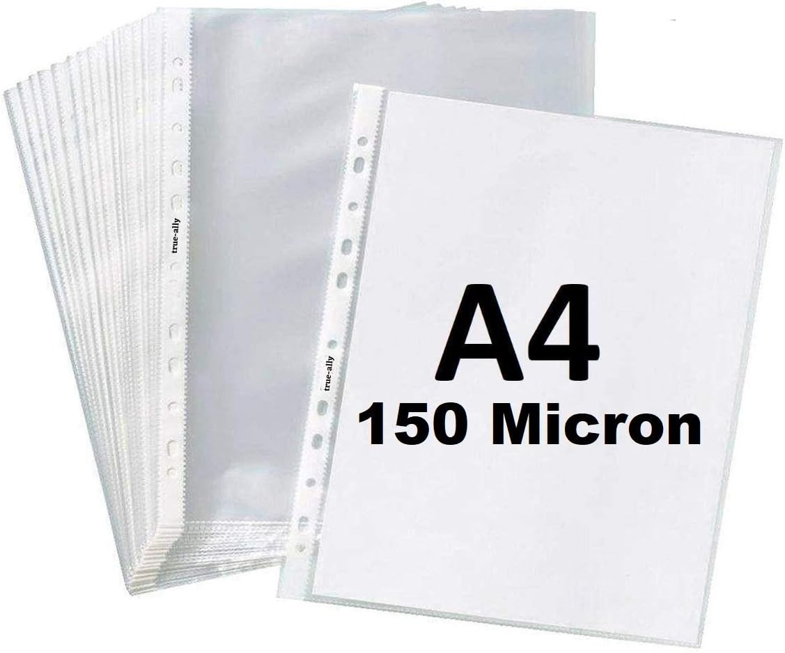 True-Ally 150 Micron A4 Waterproof Transparent Document Leaf/Sleeve Sheet Protector Pack of 50 Sheets Top Loading, Clear, Reinforced 11-Hole, Acid-Free, Archival Safe for Documents and Photos (Pack of 50)