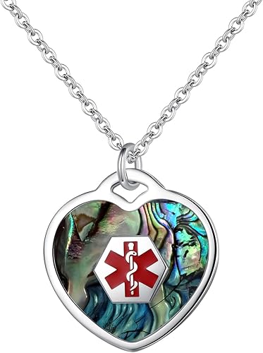 Miniatura 16 de LinnaLove Collar de alerta médica para mujeres personalizable Pearl/Shell Heart Medical ID colgante con cadena de 24 pulgadas