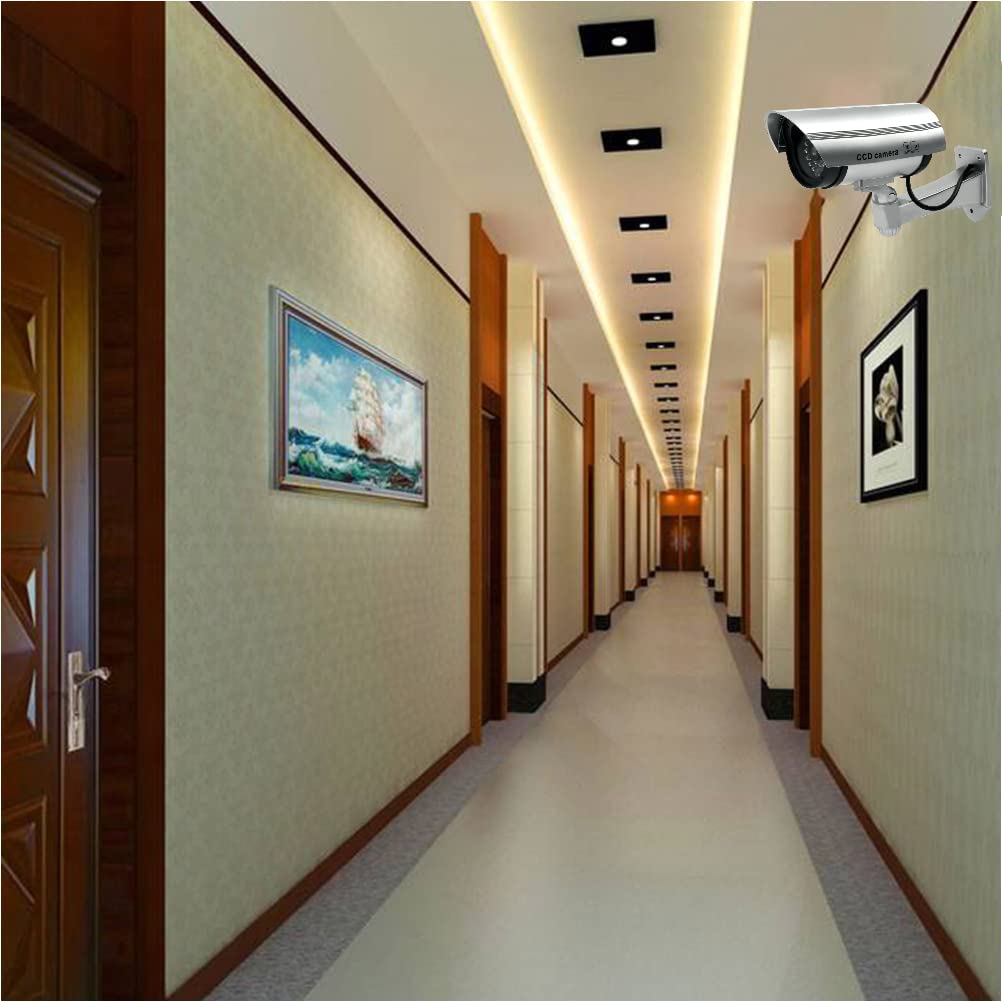 TIMESETL Camera Factice pour Exterieur et Intérieure 2Pcs Caméra Fausse Caméra de Surveillance Caméra Factice avec LED Infrarouge Clignotante Rouge d'avertissement, Caméra Fausse de Sécurit, Argent