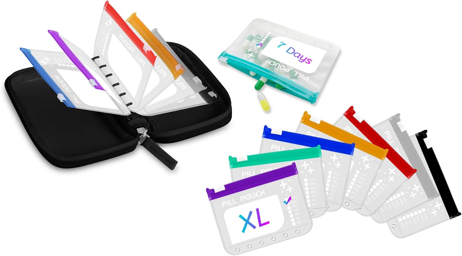 Timueetech Water-Proof Pill Pouch Set， Large Pill Organizer, Pill Loose-Leaf Storage with Color-Coded Medicine Pouches,BPA Free, Reusable Travel Medicine Organizer， Zippered Pill Organizers Weekly