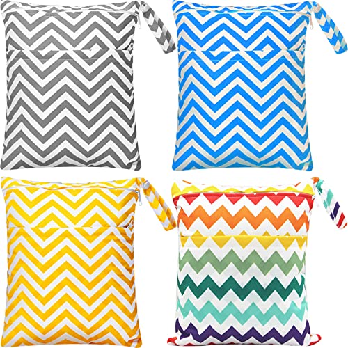 Image of 4 Pieces Wet Dry Bag Cloth Diaper with Two Zippered Pockets Waterproof ReusableW Travel Beach Pool Daycare Soiled Baby Items Yoga Gym(12in x 14.5in), Gray,Blue,Yellow and Rainbow, KKBB1001