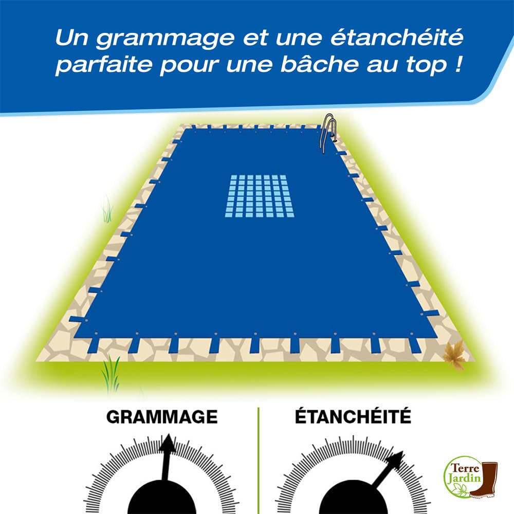 TERRE JARDIN Bache Piscine Hivernage en Polyéthylène 140g/m² - Bache Protection pour Piscine Rectangulaire - Bâche Résistante Oeillets Aluminium Pattes d'attache - 7 x 4 - Bleu