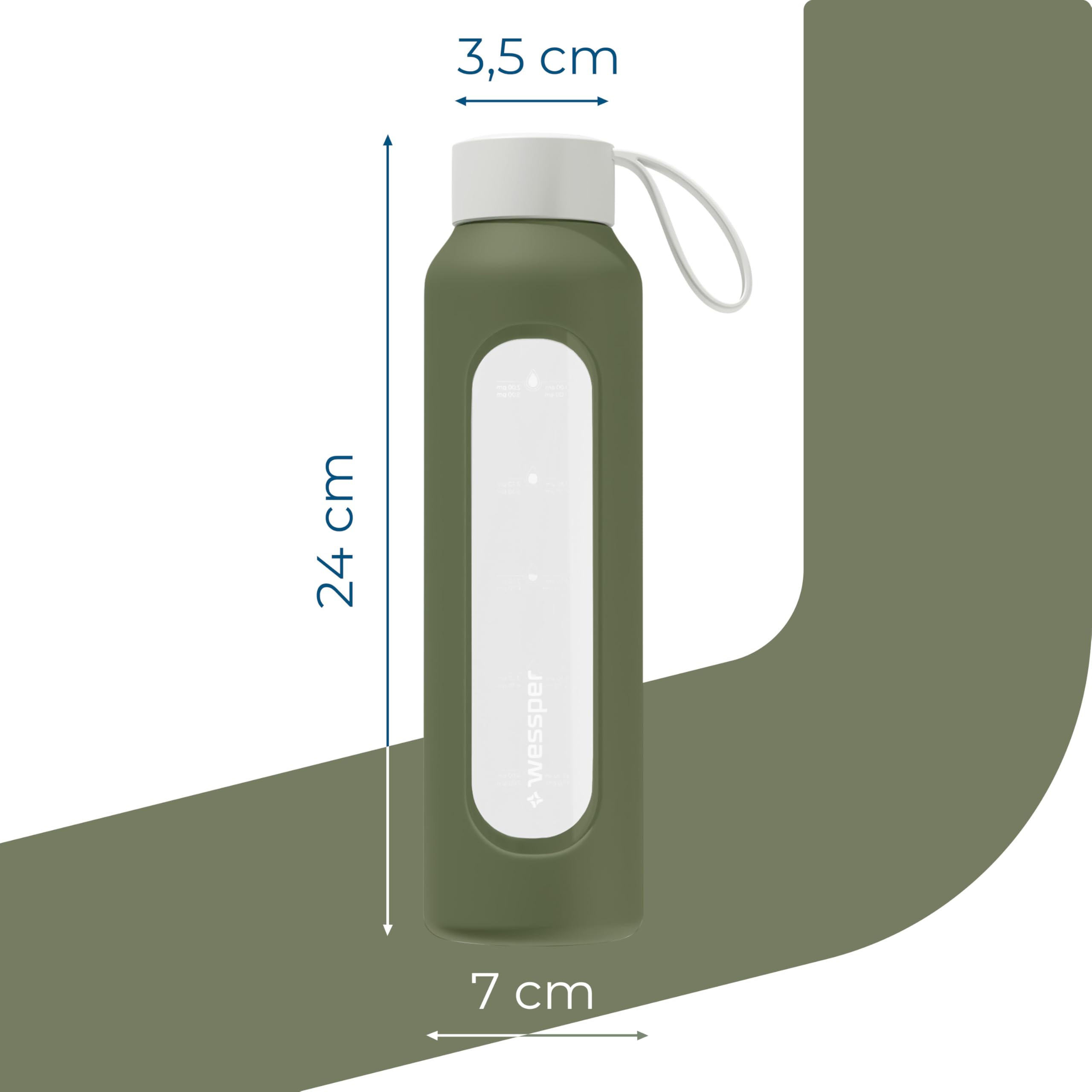 Wessper Botella de Agua Cristal, Botella 500 ml Motivadora con Escala de Hidratación, Botellas de Vidrio Borosilicato con Funda de Silicona, Material Seguro sin BPA - Oliva — view 4