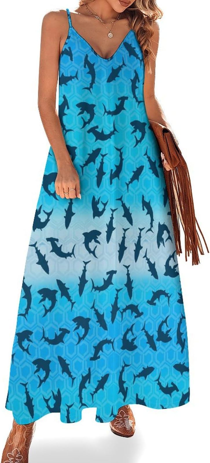 Women's Maxi Dress Tie Dye Seashell Summer Sun Dresses Casual Loose Long Dress V Neck Sleeveless Beach Dresses