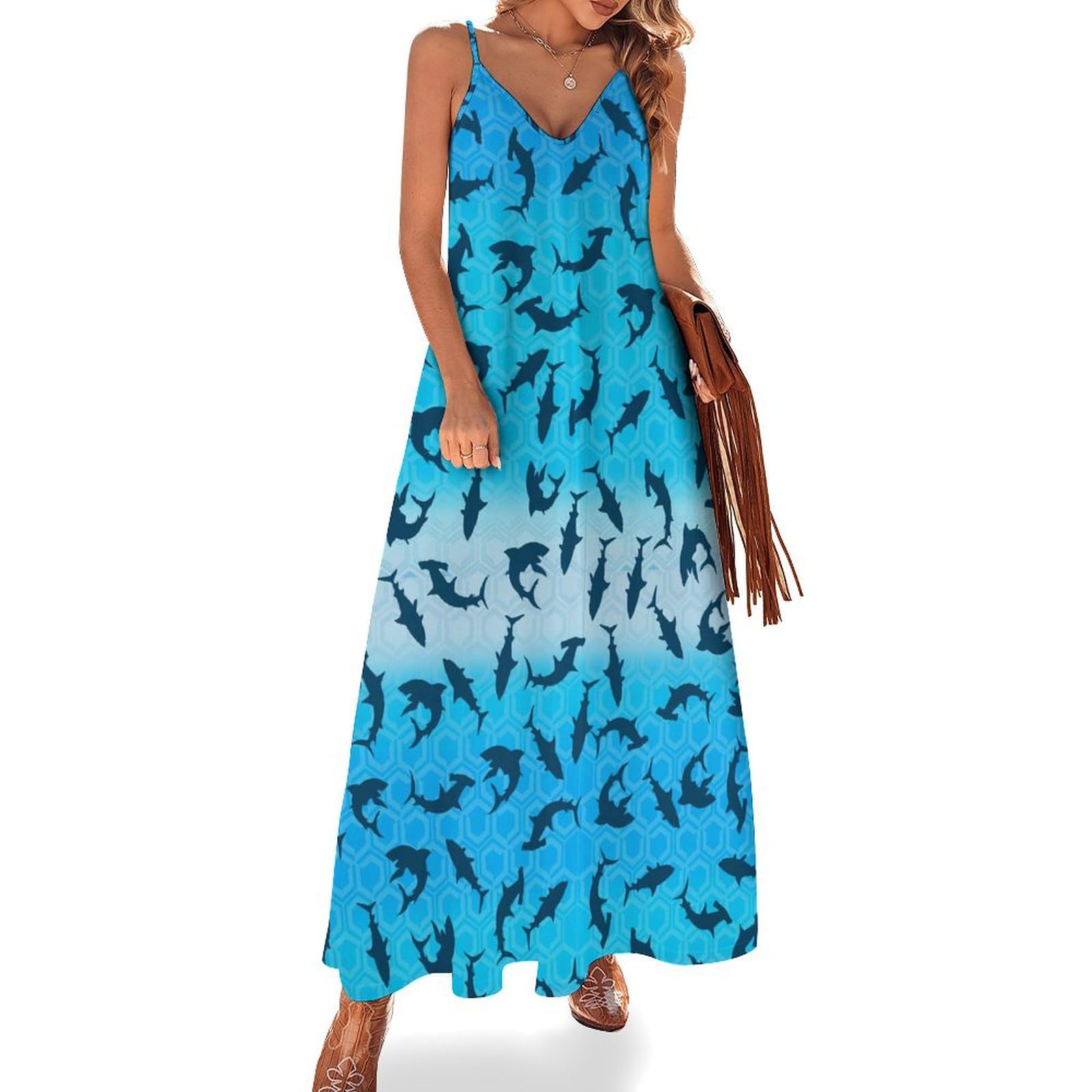 Women's Maxi Dress Tie Dye Seashell Summer Sun Dresses Casual Loose Long Dress V Neck Sleeveless Beach Dresses