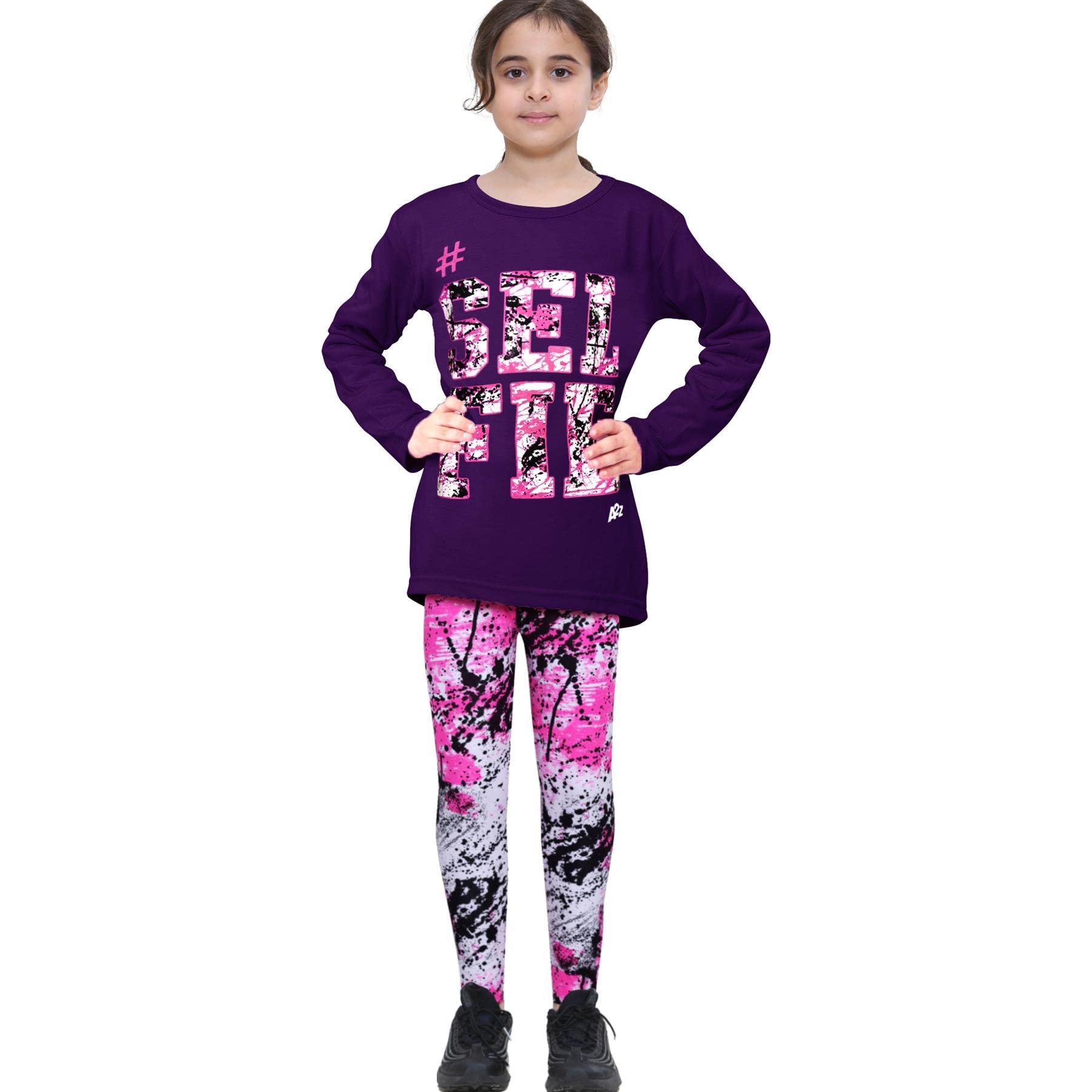 A2Z 4 Kids Girls Top Kids SELFIE Splash Print T Shirt And Legging Set - Selfie Splash Set Purple L.S_13