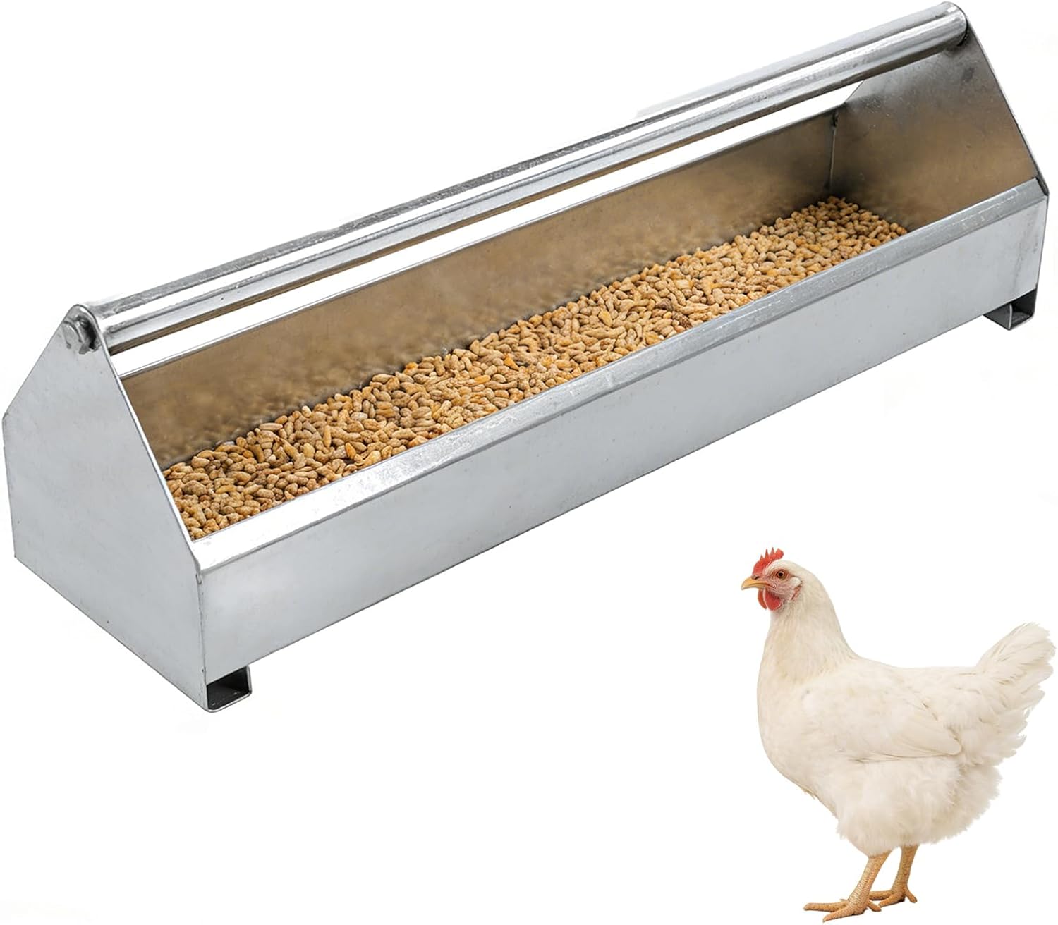40in / 47in / 55in Chicken Feeding Trough, Heavy Duty Stainless Steel Feeder with Crossbar, Large Capacity Poultry Feeder Trough Poultry Feeding Trough for Chickens, Pigeons,Silver,140cm