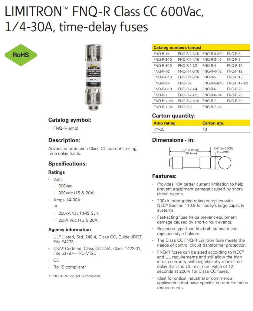10pcs FNQ-R-5 (FNQ-R-5) 5Amp 600V Time Delay Fuse 10 * 38 Compatible with Bussmann