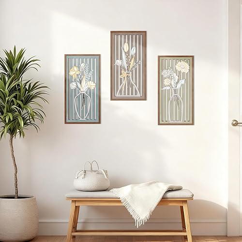 Miniatura 6 de BINCUE 3 piezas de decoración de pared de mercado de flores bohemias, botánica, moderna, arte de pared de madera, bohemio, floral, decoración