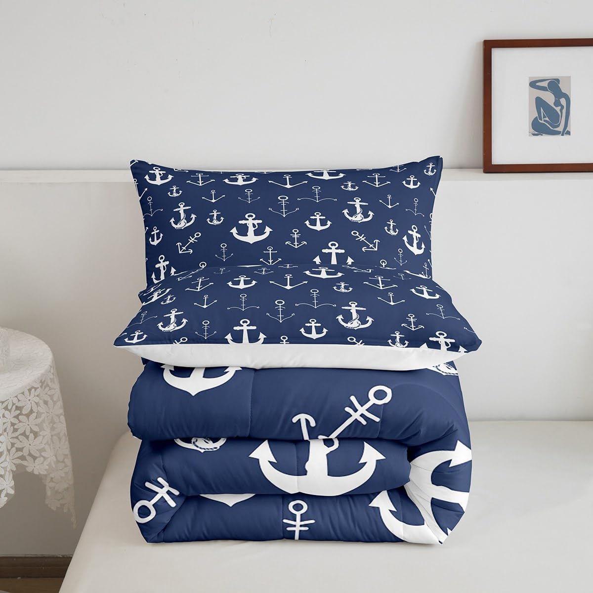 Homewish Anchor Comforter Set Navy and White Bedding Set for Kids Girls Women Adults Nautical Theme Comforter Anchor Printed Quilted Duvet Set Bedroom Collection Twin Size 2Pcs
