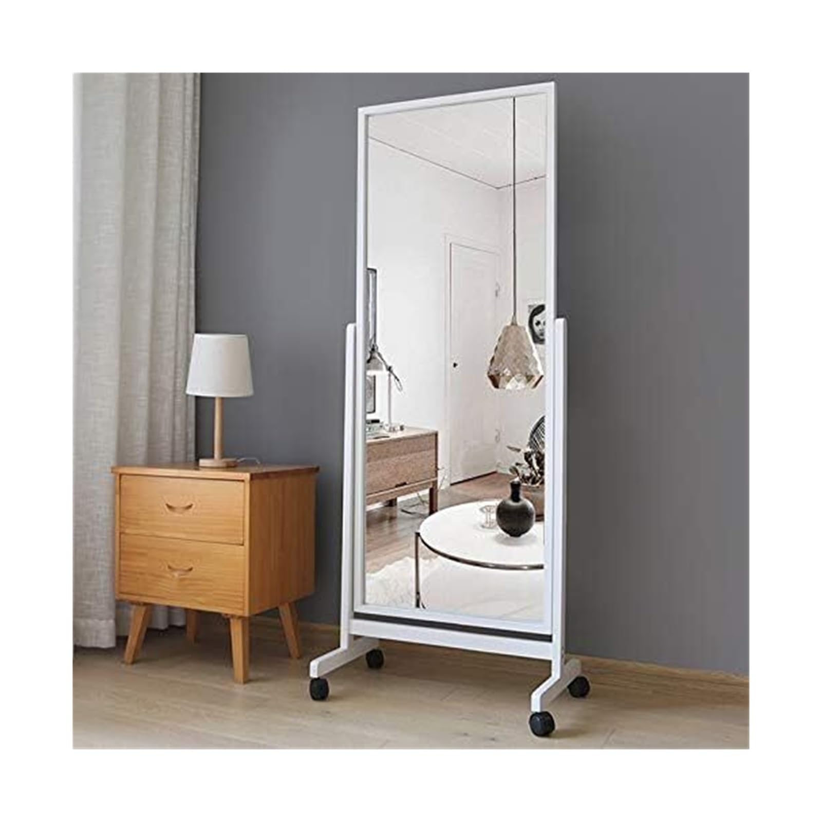 Bodenspiegel, Ganzkörperspiegel, Bodenspiegel mit Rollen, großer Standspiegel, kippbarer Spiegel, drehbarer Spiegel mit Holzrahmen und Ständer, Cheval Schlafzimmer, Ankleidespiegel, Ganzkörperspiegel