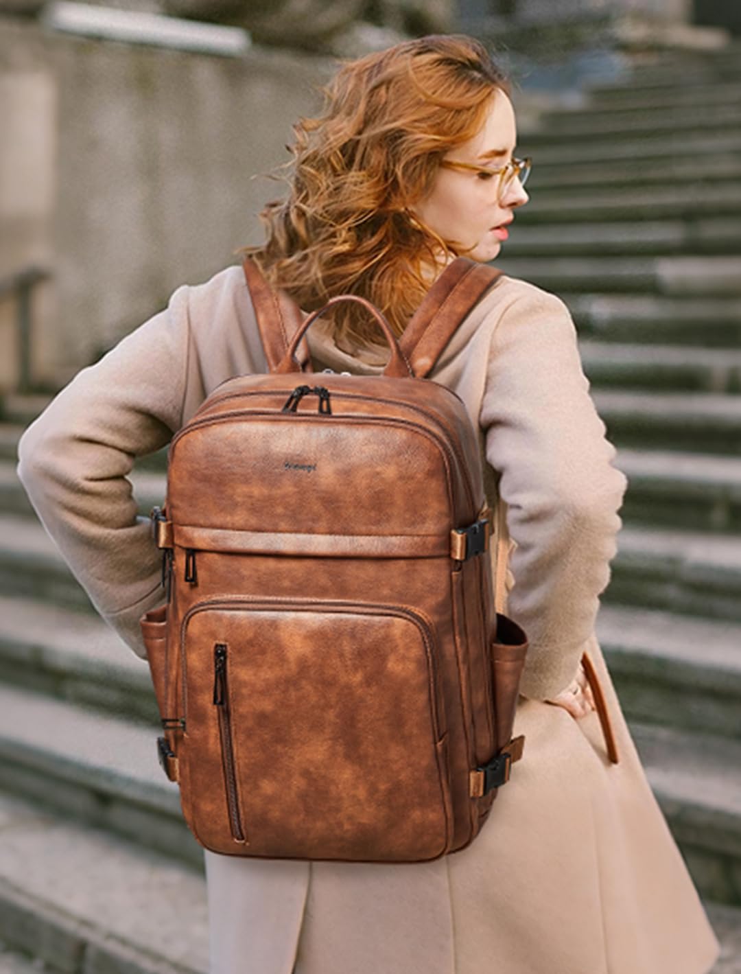 Zaino per computer portatile da 15,6 pollici, alla moda, in pelle, per viaggi, università, lavoro