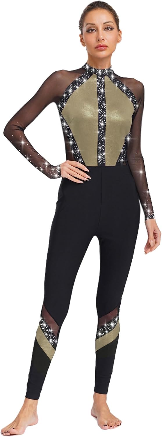 Linjinx Womens Gymnastics Dance Unitard Ballet Leotard Shiny Rhinestones Full Body Figure Skating Jumspuit