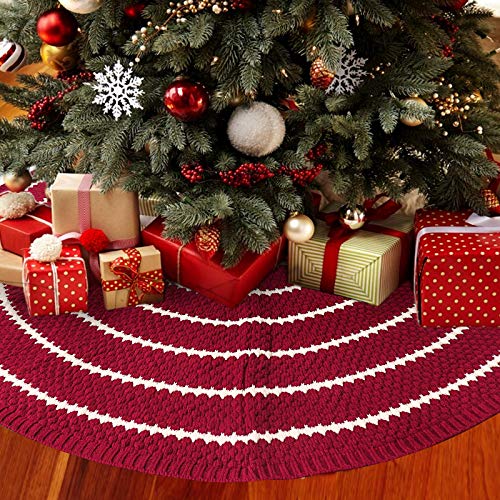 Limbridge Christmas Tree Skirt, 48 Inches Knitted Rustic Stripe Thick Heavy Yarn Knit Xmas Holiday Decoration, Burgundy And Cream #TOP6