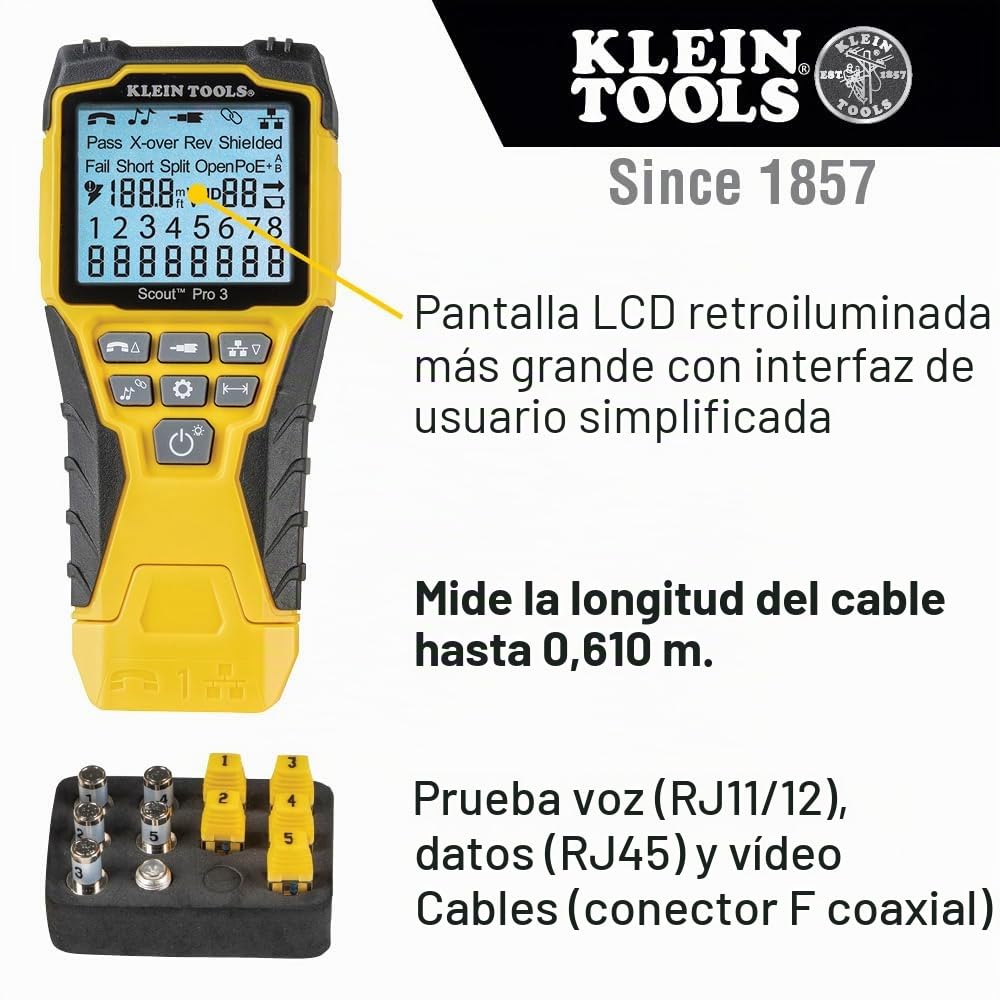 Klein Tools VDV501-851 | Kit Probador De Cables Ethernet Scout Pro 3 Con Mandos Y Adaptador | Prueba Datos Telefonia Y Coaxial | Medida Longitud Hasta 610 M | Pantalla Retroiluminada
