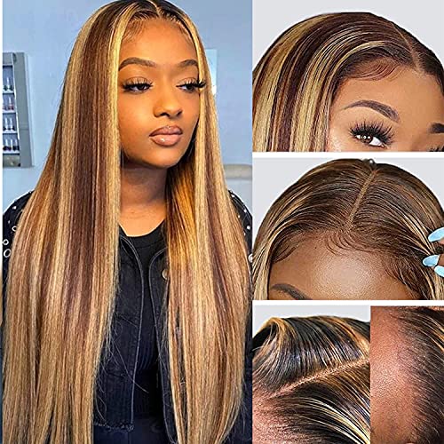 Ombre Highlight Lace Front Wig Human Hair Straight 4/27 Honey Blonde 13x6x1 T part Lace Front Human Hair Wigs for Black Women Pre Plucked With Baby Hair 150% Density 22 Inch