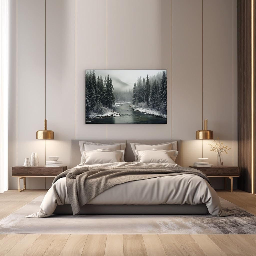 Canvas for Living room. Winter's Whispering Waters Amidst the Snowy Forest Serenity, 27 x 18 inch Canvas Wall Art - Ready to Hang