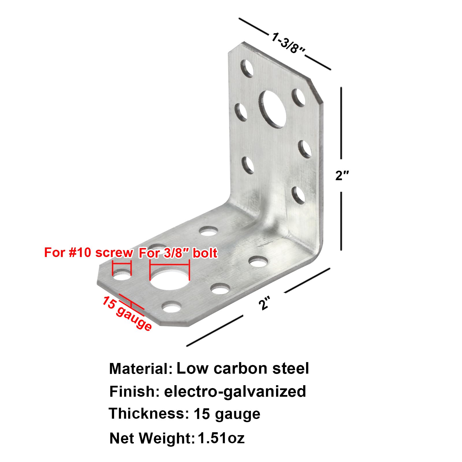 50 soportes de acero en ángulo recto en L, de 2 x 2 x 1-3/8 pulgadas, soportes de esquina de junta de metal galvanizado con varilla de refuerzo, para estantes de madera, gabinete, grosor de 1,7 mm