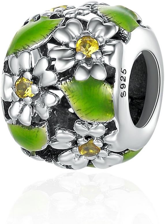 CHENGMENHollow Dance of Flowers Green Leaves 925 Sterling Silver Synthetic Birthstone Bead Charm fit Bracelets Gifts For Women Mum Daughter Grandma Sister Nana Aunt Niece