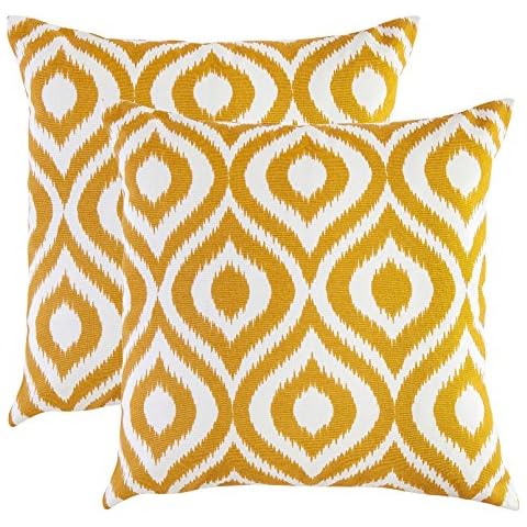 TreeWool, (2 Pack Cushion Covers Ikat Ogee Accent in Cotton Canvas (45 x 45 cm, Mustard & White) Cover