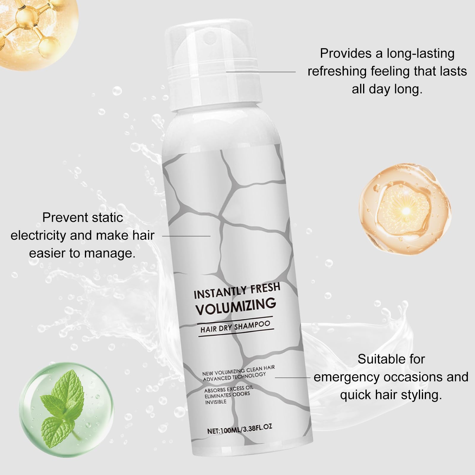 Champú en Seco Spray 100ml, Dry Shampoo sin Residuos Blancos, Frescura y Volumen Inmediato, Limpieza sin Lavado, para Cabello Graso, Oscuro y Claro, Formato Viaje