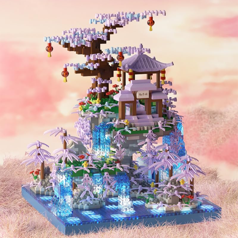 Image of SKY LINE OCEAN Cherry Blossom Tree House Micro Building Blocks Set - 2500+ Pieces Peach Blossom Pond Architecture Kit with LED Lights Gift for Adults & Kids | 6 Months Warranty (Ages 14+)