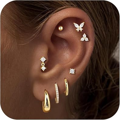 M MOOHAM Hypoallergenic Hoop Earrings Stack for Women, Dainty 14K Gold Plated Small Huggie Hoop Earrings Set Flat Back Stud Earring Cartilage Helix Tragus Earring Multiple Piercing Jewelry Gifts