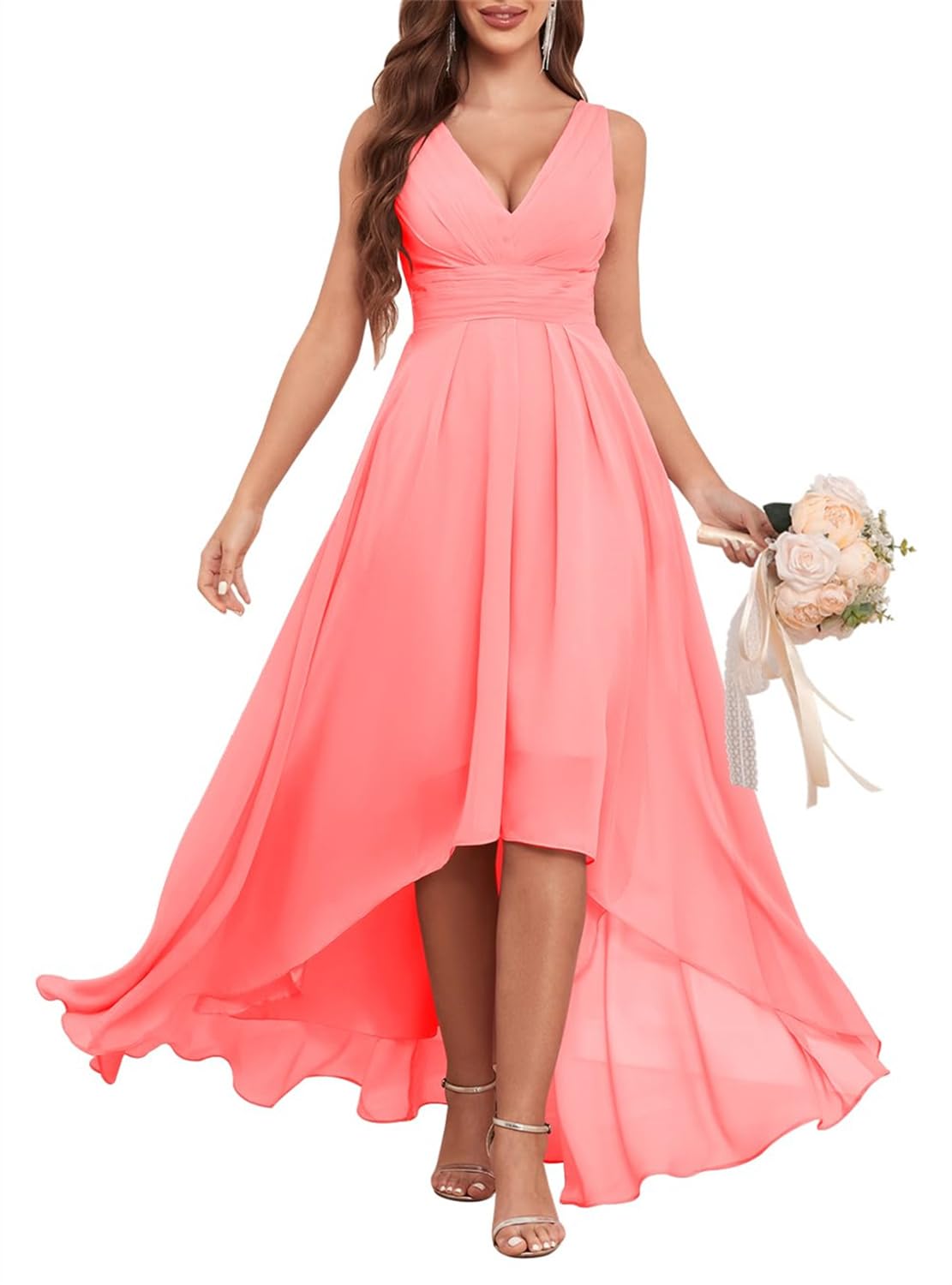 YIANN Coral Bridesmaid Dresses High Low Chiffon Maid of Honor Plus Size Mother of The Bride Dress for Wedding UK26