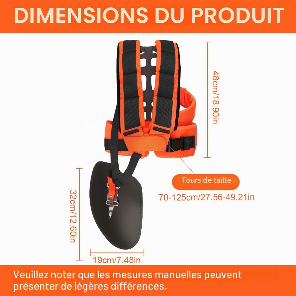 Harnais Debroussailleuse Double-Épaule Réglable, Universal Strimmer Harness Padded, Confortable Double Sangle d'épaule, pour Gardenning, Tondeuse et Débroussailleuse(Orange et Noir)