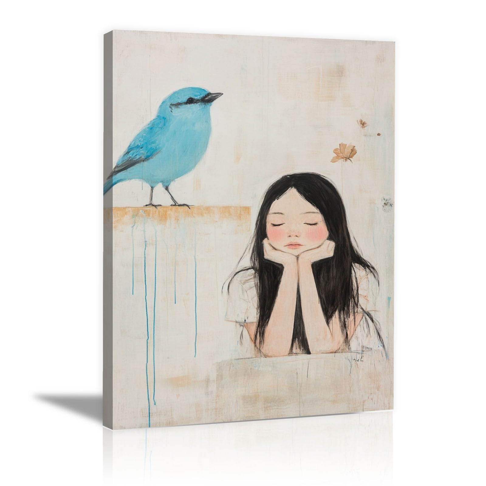 TERUEA Vintage Bathroom Wall Art - Woman and Blue Bird Minimalist Vintage Humor Wall Poster for Bathroom Toilet Decor(Blue)-60x90cm Framed