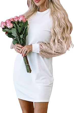 Maketina Womens Sequin Long Sleeve Dresses Sexy Clubwear A Line Shift Mini Short Dress Party