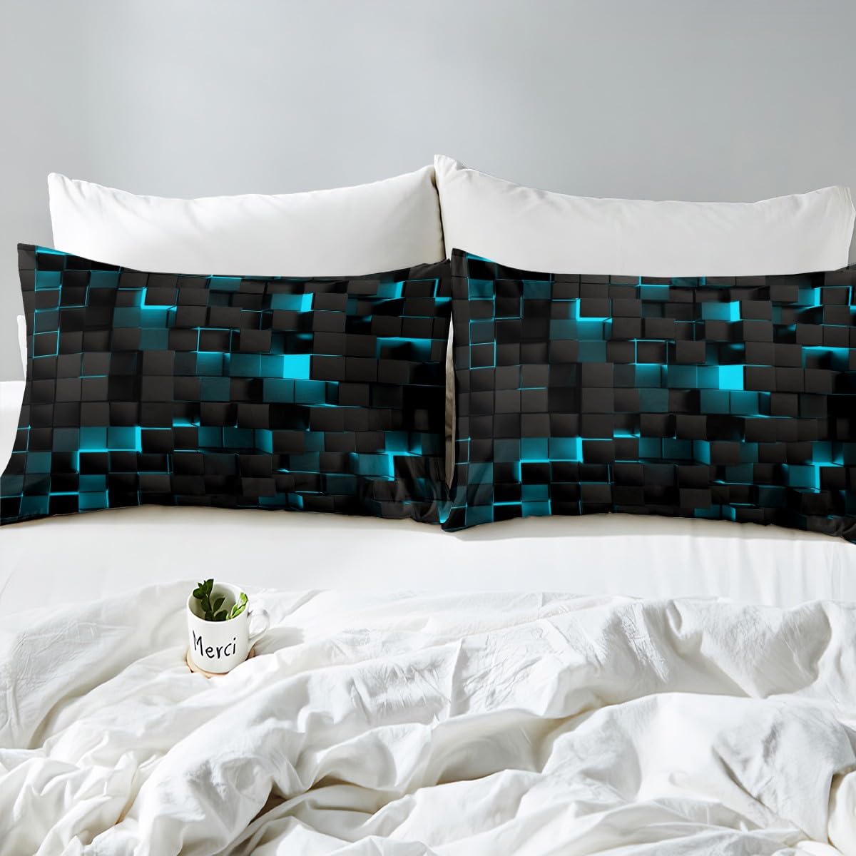 Teal And Black Bedding Sets King,Neon Turquoise Geometric Check Comforter Cover For Kids Boys Girls Adults Stereoscopic Abstract Plaid Grids Duvet Cover Square Quilt Cover - Image 4