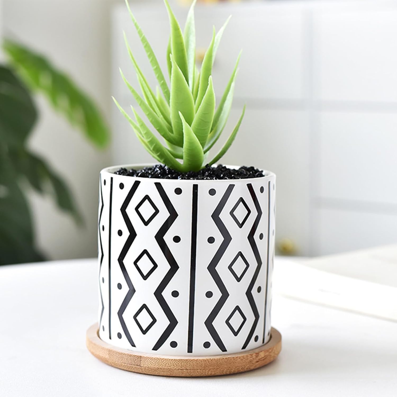 Succulent Pots, 3.5 Inch Small Succulent Planters with Drainage for Plants Live, Hand-Painted Ceramic Pot Flower Pots Bonsai Pots with Bamboo Tray, Unique Gifts for Women/Men, 4 Pack (Geometry)
