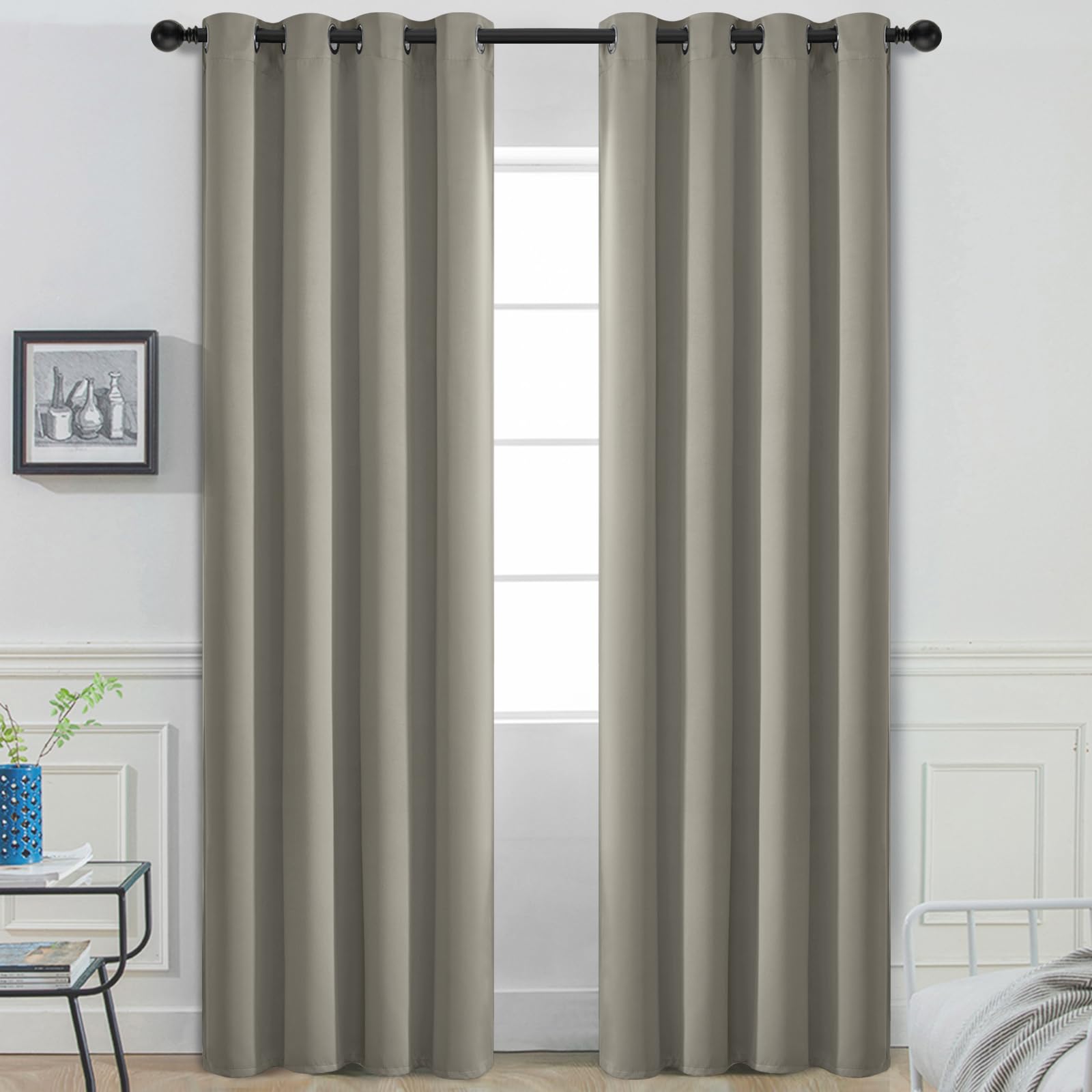 Yakamok 84 Inch Long Light Blocking Blackout Curtains, Room Darkening Thermal Insulated Blackout Drapes with Grommet for Bedroom (52x84Inch, Taupe, 2