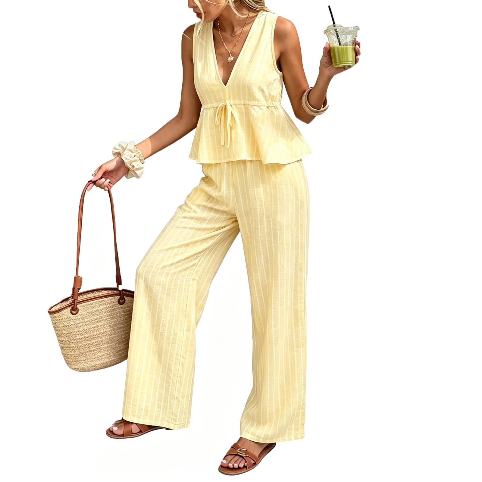 Women's 2 Piece Outfit Striped V Neck Sleeveless Cinched Peplum Tank Top Wide Leg Pants Summer Casual Travel Vacation Set