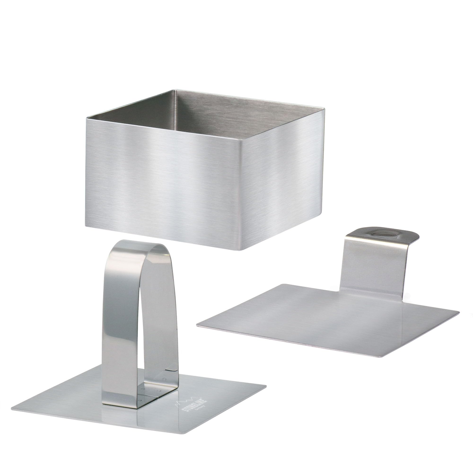 STONELINE Set di Coppapasta 8 Pezzi, Anelli per Torte 8x8 cm, Altezza 5 cm, in Acciaio Inox, Quadrato, Pressa Stantuffo Paletta Base, Stampo Rettangolare Coppa Pasta per Torte Dessert Mousse Alimenti