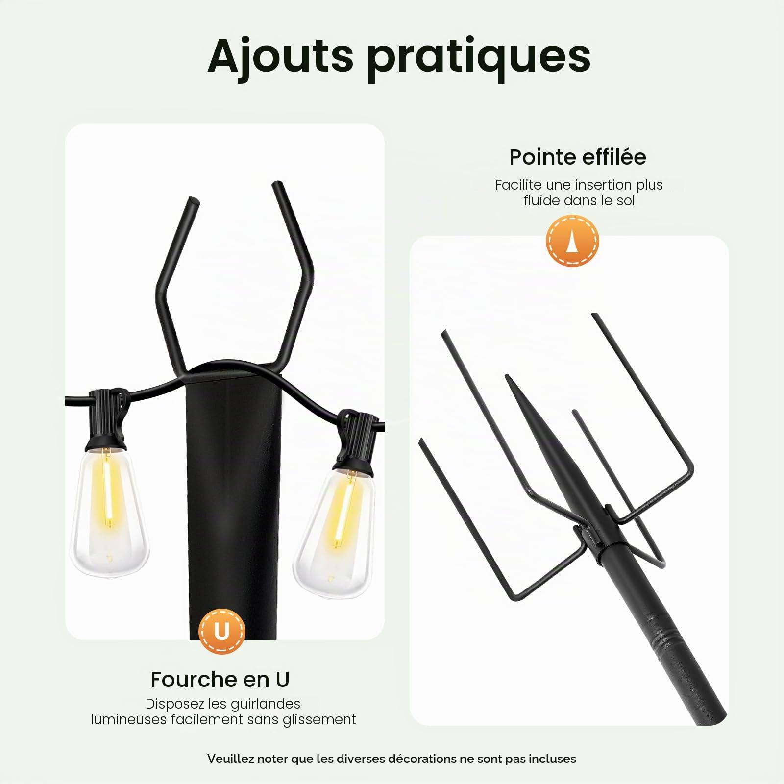 Lot de 4 mâts de guirlande lumineuse de 3 m avec piquet et fourche en forme de U - Barre lumineuse d'extérieur pour jardin, terrasse, balcon - Crochet de berger en fer pour guirlandes