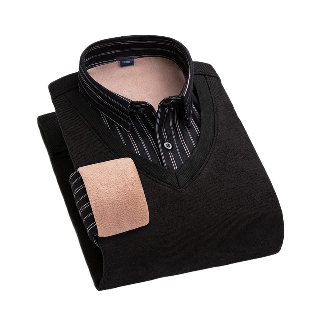 Uomo Casual Camicia Collo Pullover Slim Fit A Righe Cotone Maglioni Scollo a V Finto Due Pezzi Maglioni (B XL)