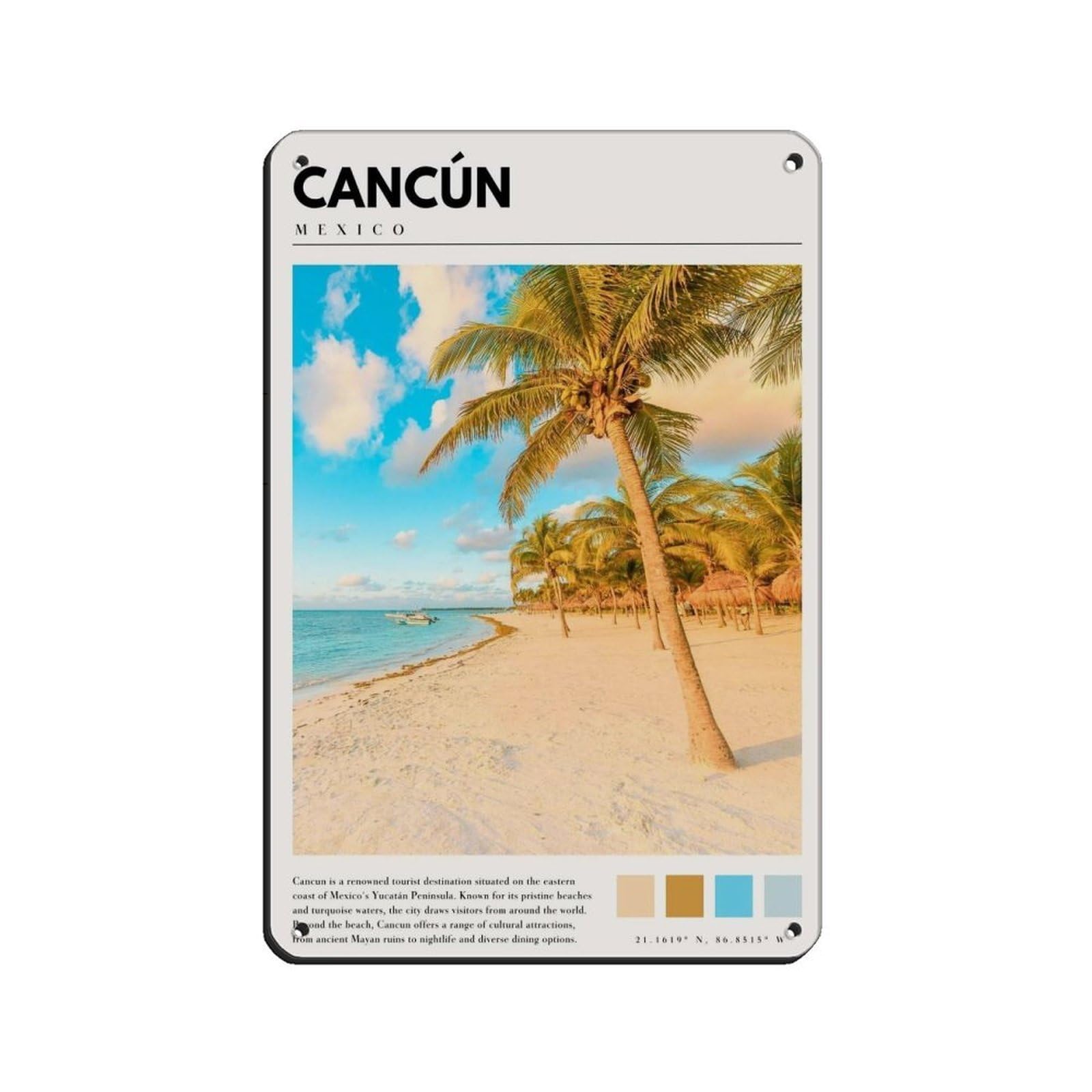 Cancun Mexico Poster Mexico Beach Travel Tin Sign Vintage Metal Pub Club Cafe Bar Home Wall Art Decoration Poster Retro 8x12inch(20x30cm)