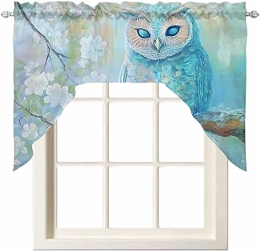 Teal Blue Owl Kitchen Curtains Swag Valance for Windows/Bathroom/Cafe, Modern Flowers Birds on Branch Rod Pocket Drape Panel Swag Curtain Valance for Bedroom/Living Room 55x36