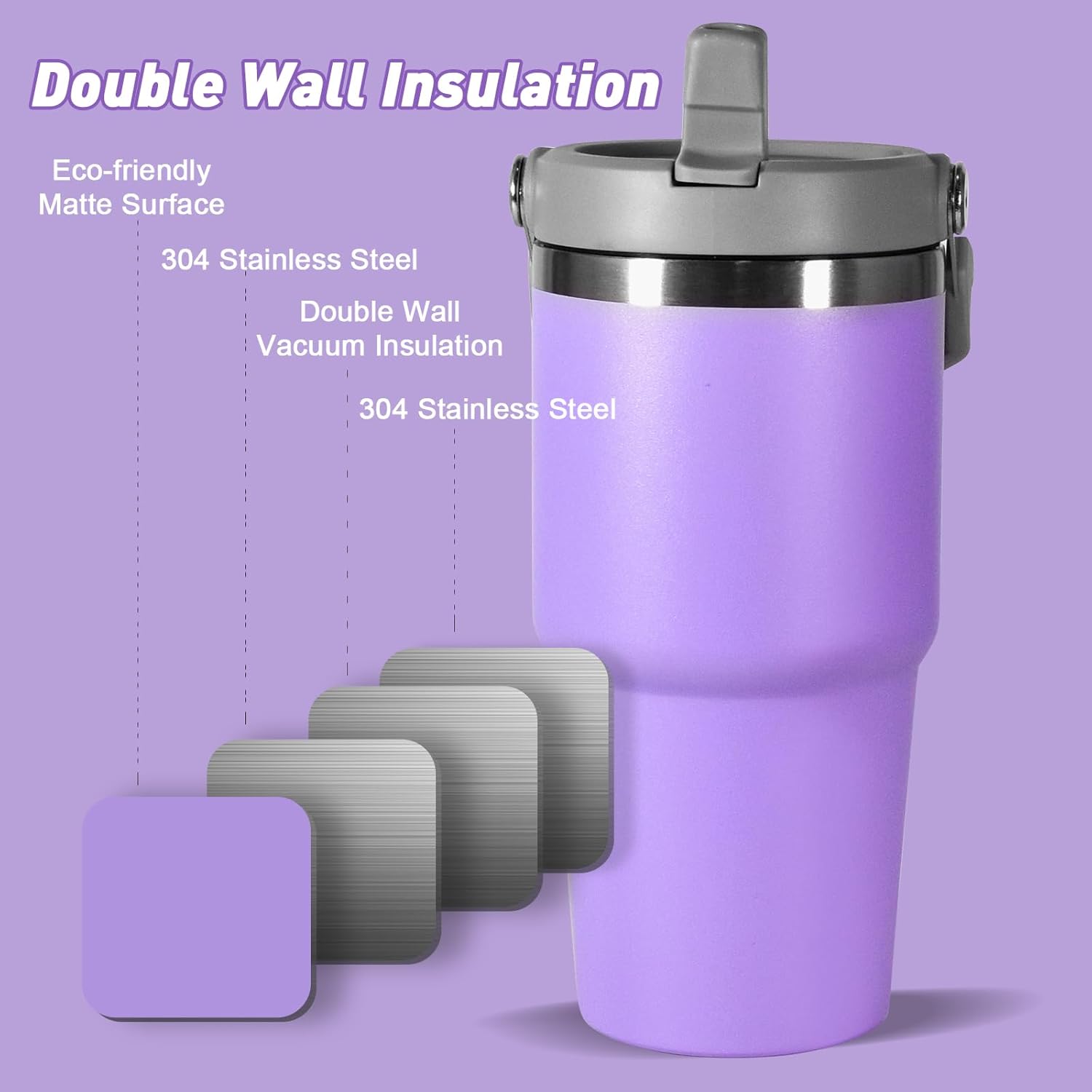 20 oz Tumbler with Handle, Insulated Tumbler with Lid and Flip Straw Leak Proof Double Wall Stainless Steel Vacuum Travel Coffee Mug Insulated Water Bottle Thermal Cup, Cupholder Friendly, Purple - Image 3